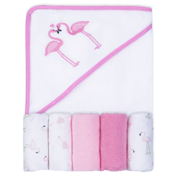 Viviland Baby Towels And Washcloths, Soft Absorbent Baby Girl Bath Towel Set, Flamingos Hooded Towels With 5 Infant Washcloths,(