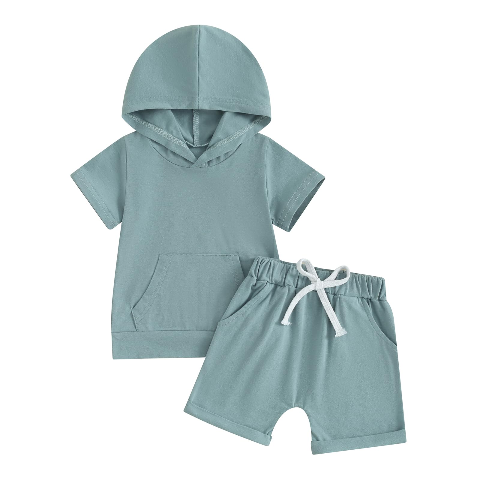 Baby Boys Summer Plain Outfits Short Sleeve Hooded Sweatshirt Shorts Set Toddler Boy Casual Clothes Set (Blue, 18-24 Months)