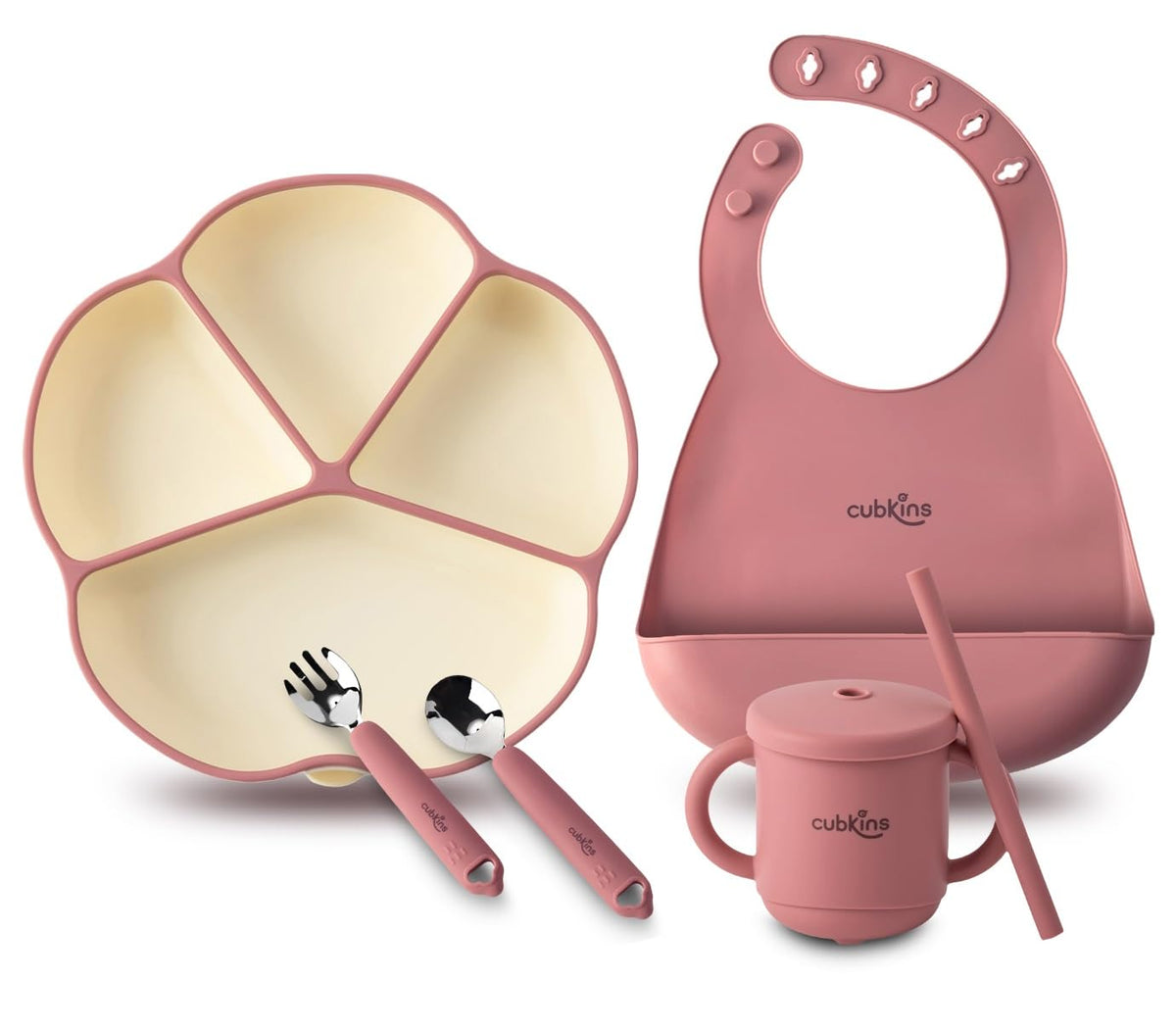 Cubkins Silicone Suction Plate, Bib, Sippy Cup And Stainless Steel Spoon And Fork Set Of 5 For Baby Feeding | Bpa Free, Washable