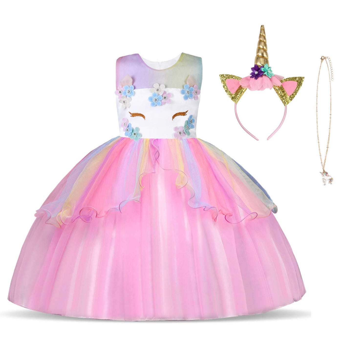 Uraqt Unicorn Costume, Princess Unicorn Dress For Girls, Fancy Dress With Necklace/Headband For Birthday/Cosplay/Party/Christmas