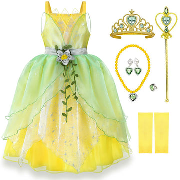 Tyhtym Princess And The Frog Costumes Little Girls Tiana Dress Up Green Yellow Fancy Halloween Christmas With Accessories Gloves