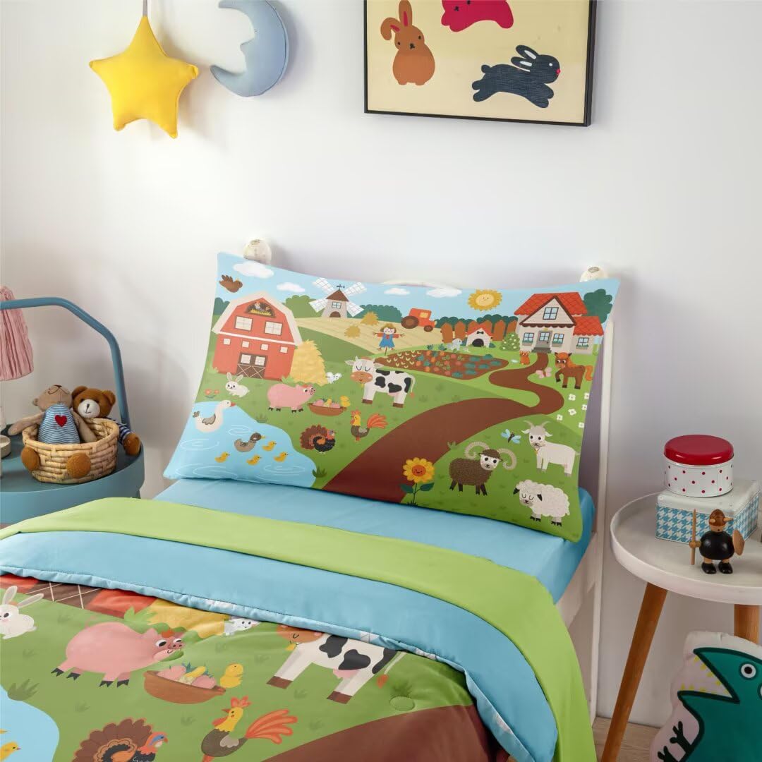 Ckou Ccoo 4 Pieces Toddler Comforter Set,Farm Animals Soft Lightweight Bedding Set For Baby Girls Boys,Toddler Quilt Kids Toddle