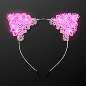 White Lace Kitty Cat Ears Headband With Pink Led Lights