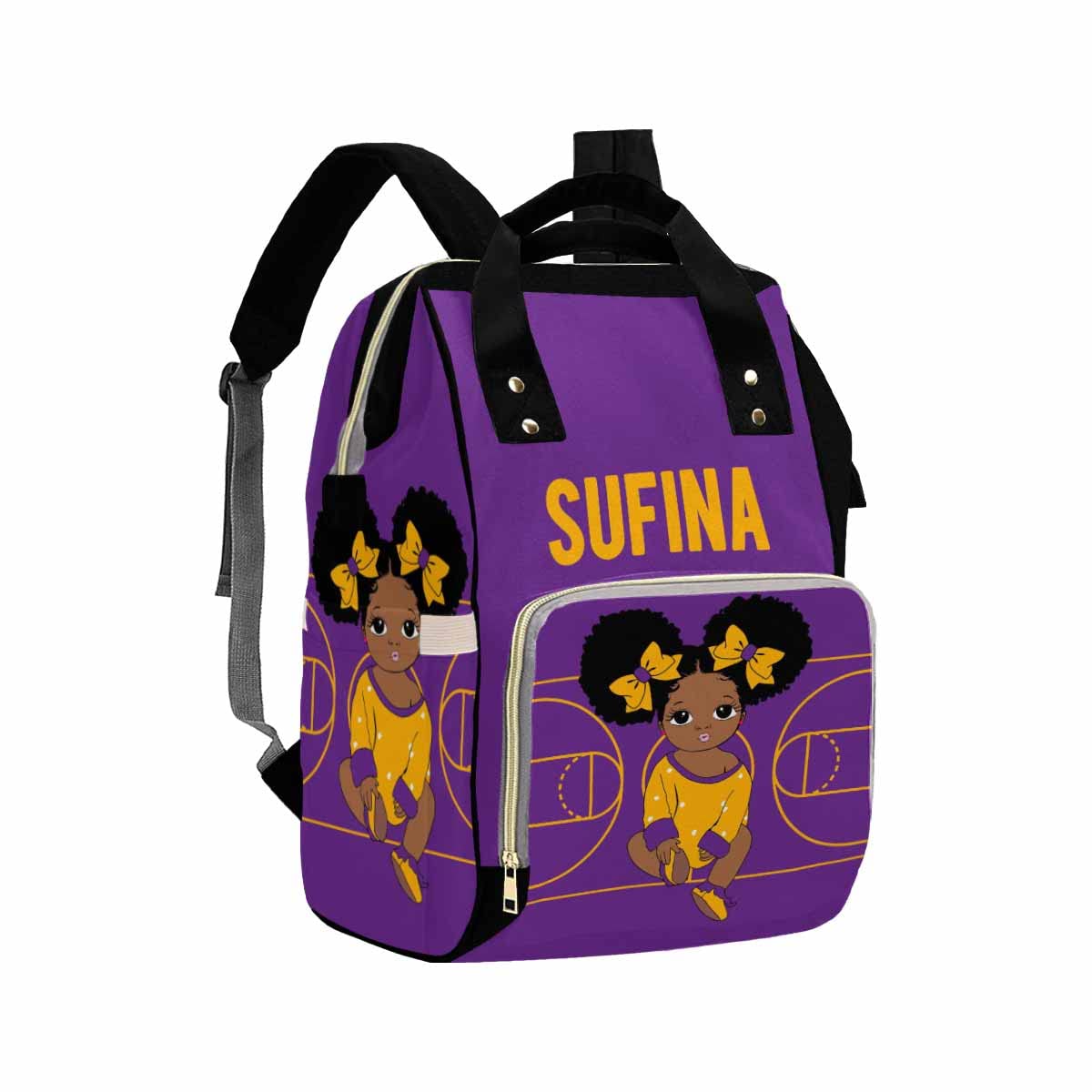 Artsadd Personalized Diaper Bag Casual Shoulder Bag, Customized Yellow And Purple Nappy Backpack With Thermal Pockets Multifunct