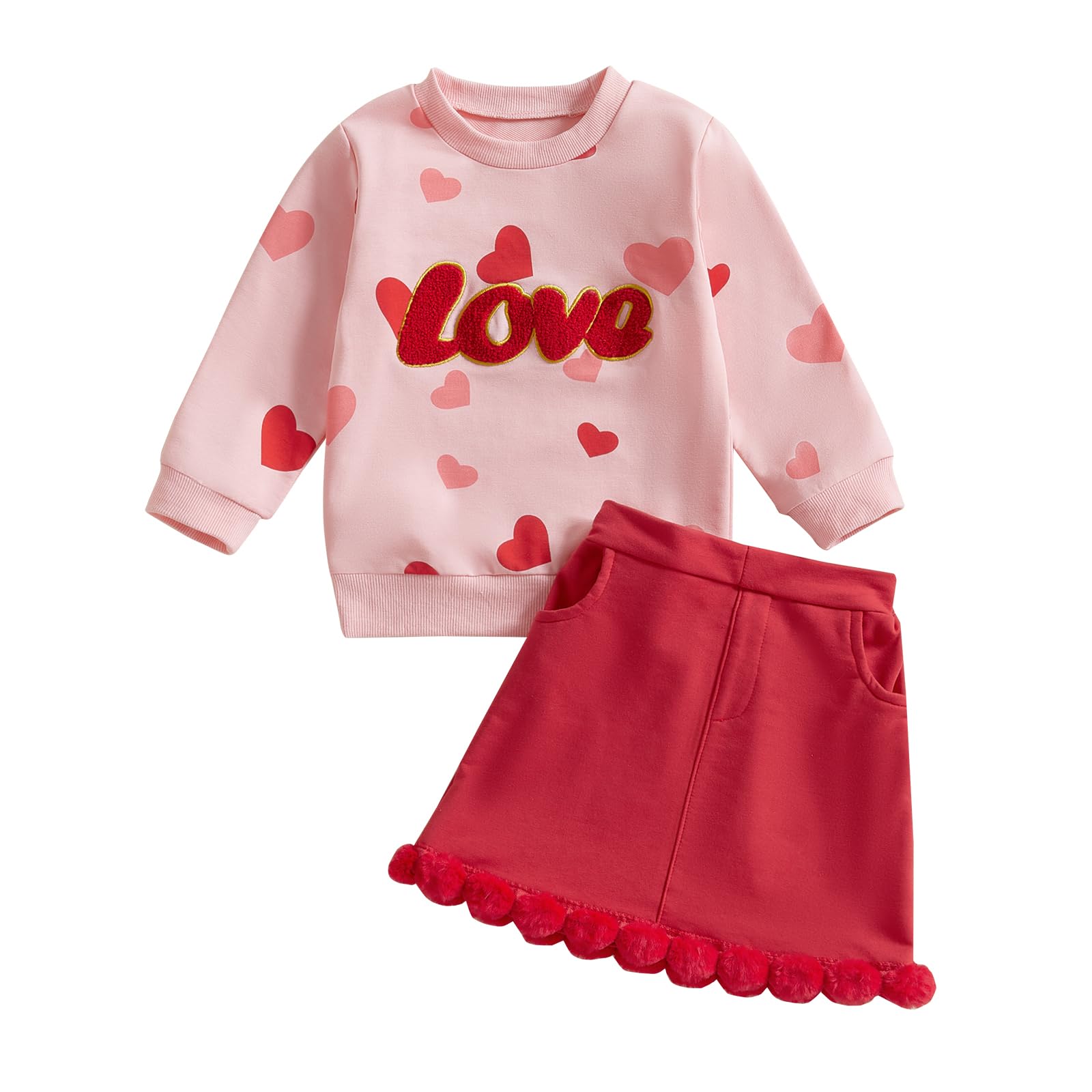 Toddler Girl Valentines Day Outfit Love Heart Sweatshirt Long Sleeve Shirts And Red Pom Pom Skirt Set Spring Clothes (Red Love H
