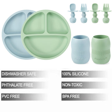 Pandaear Silicone Baby Feeding Set| 2 Pack Silicone Divided Suction Plate And 2 Pack Tiny Cup With 2 Spoons 2 Forks| Baby Led We