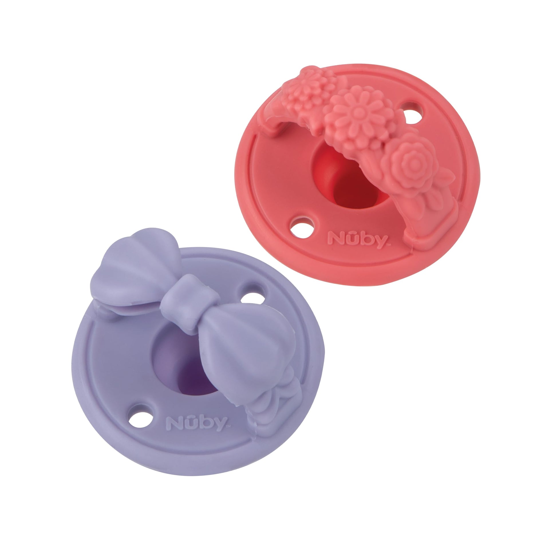 Nuby 3D Sili Soother Pacifiers with Soft Handle and Two Safety Air Holes, 2 Pack, 0+ Months, Purple Bow and Pink Flowers