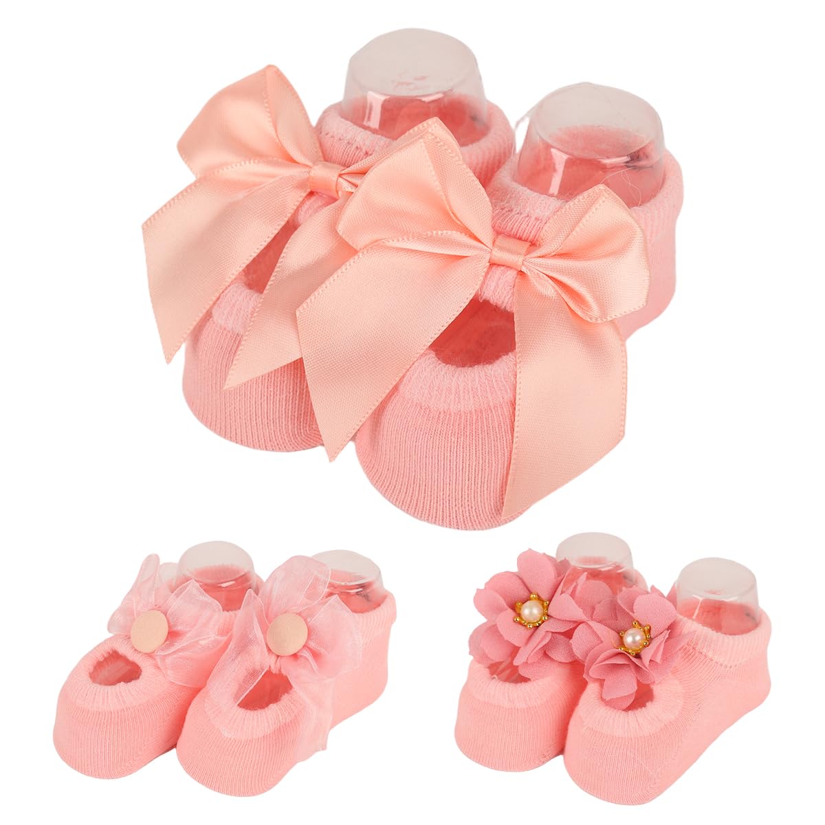 Zibuyu Newborn BabyS Non Slip Floor Socks, Soft Sole Baby Girl Shoes, Pink Flower Design For Home And Play (Pack Of 3) For 06 