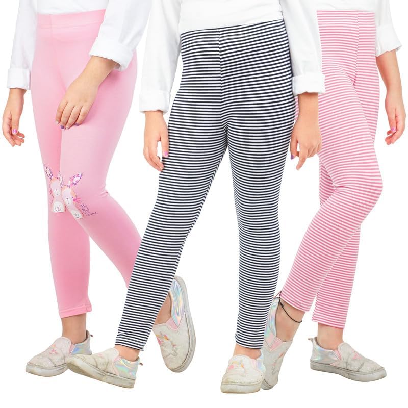 Real Basics Girls Regular Fit Cotton Leggings (RBGLegP334(Pbun,Blacksti,PStr)_Multicolour_3 Years4 Years)