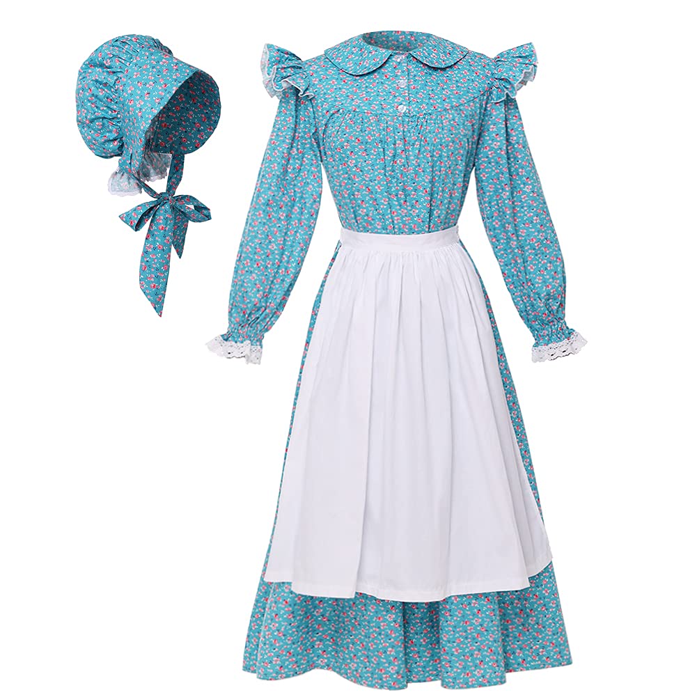Graceart Pioneer Girls Dress Colonial Prairie Costume 100% Cotton (6 Colors Option) (Us-8, Blue)