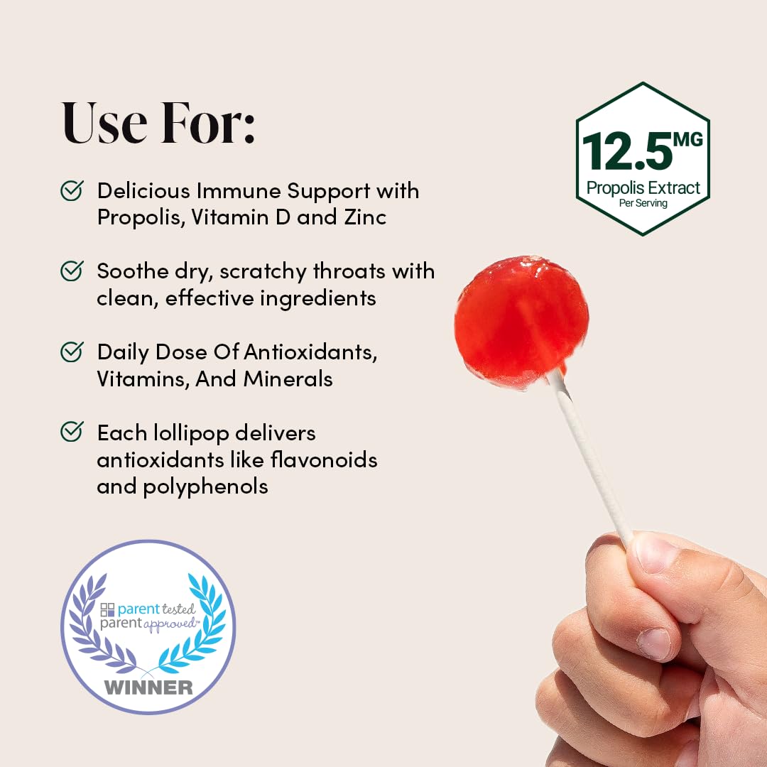 Kids Throat Soothing Watermelon Lollipops, By Beekeeper'S Naturals - Doctor Formulated Immune Support, Under 2G Sugar, Vitamin D