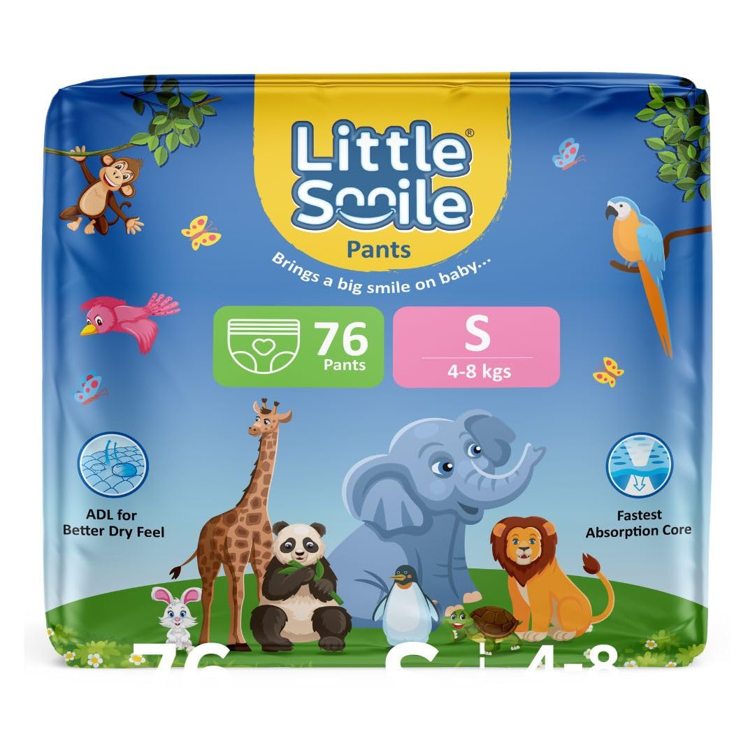Little Smile Baby Diapers Pant Style | Small (S) Size | Ideal For 48 Kgs Baby | 76 Count Odorless And Antibacterial Layer With
