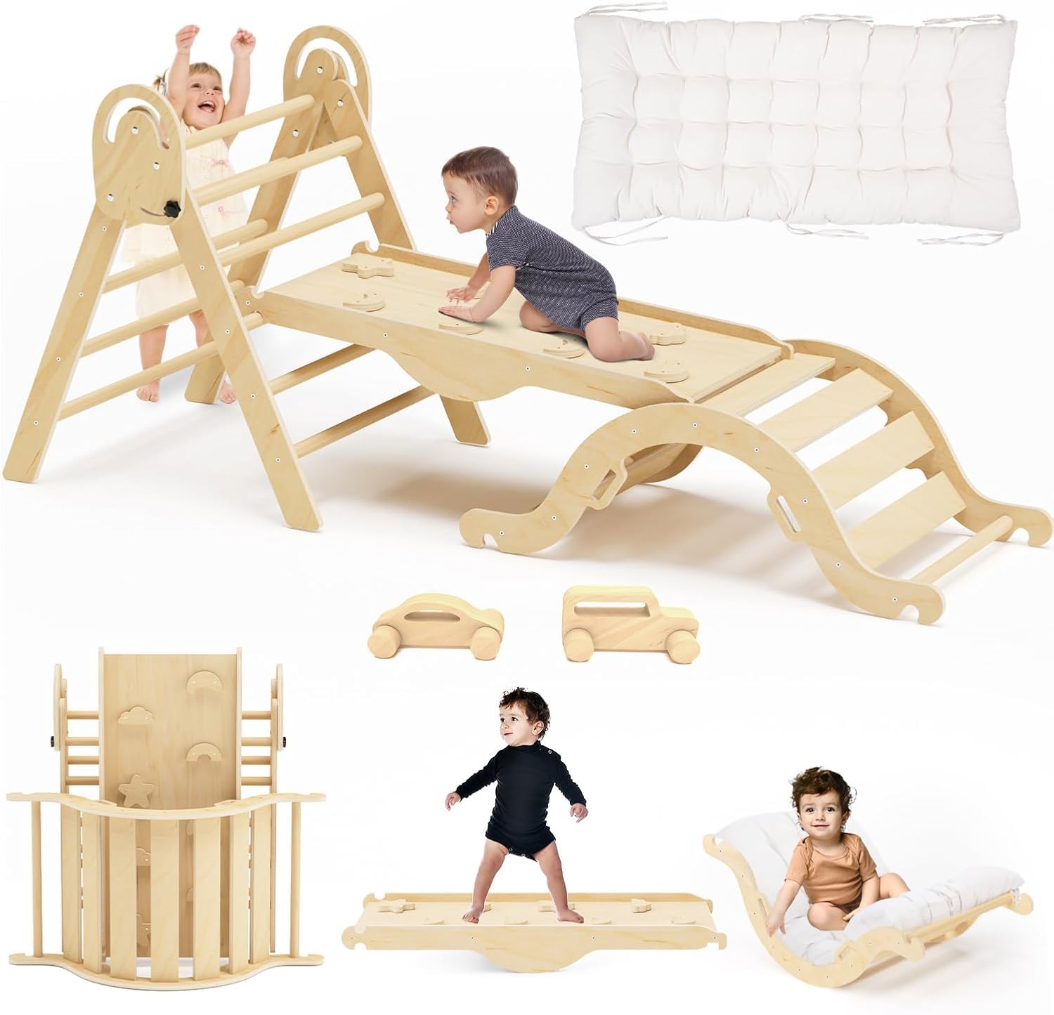 Pikler Triangle Set With Cushion, Indoor Climbing Toys, Montessori Climbing Set, Climbing Toys For Toddlers 1-3 Inside, 9 Combin