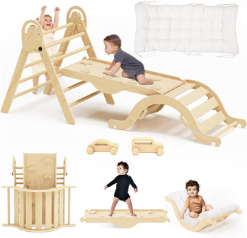 Pikler Triangle Set With Cushion, Indoor Climbing Toys, Montessori Climbing Set, Climbing Toys For Toddlers 1-3 Inside, 9 Combin