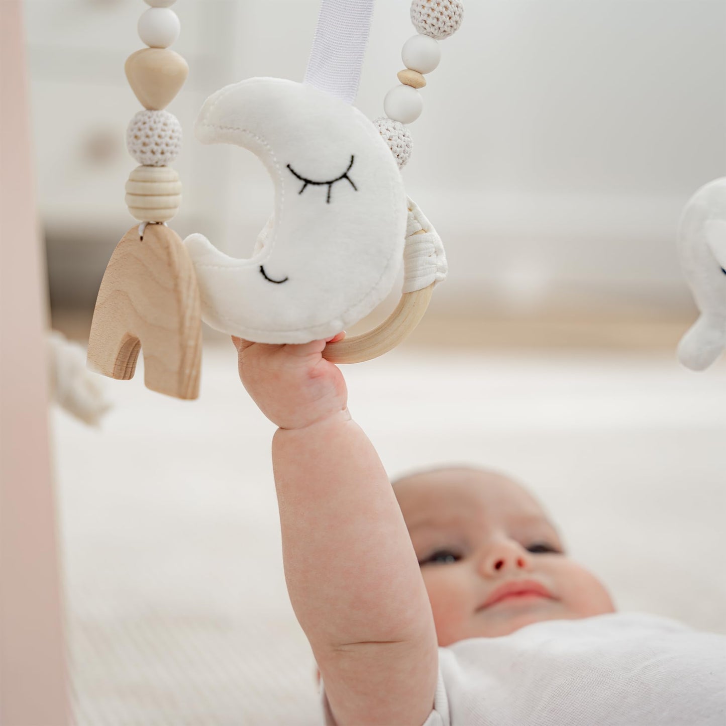 Comfy Cubs Wooden Baby Play Gym - Natural Finish Pinewood Baby Activity Gym With 5 Sensory Hanging Toys - Easy No-Tool Assembly,
