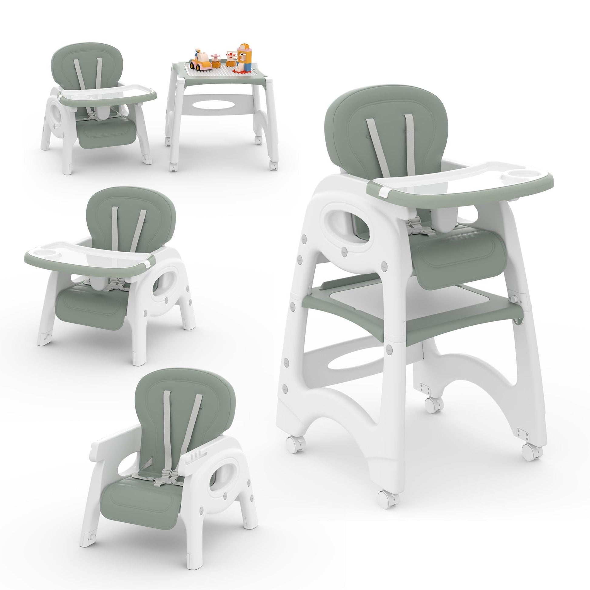 Xilingol 8 in 1 Convertible Baby High Chair W/Wheels, Baby Feeding Chair W/Adjustable Backrest & Removable Dual Tray, Building B