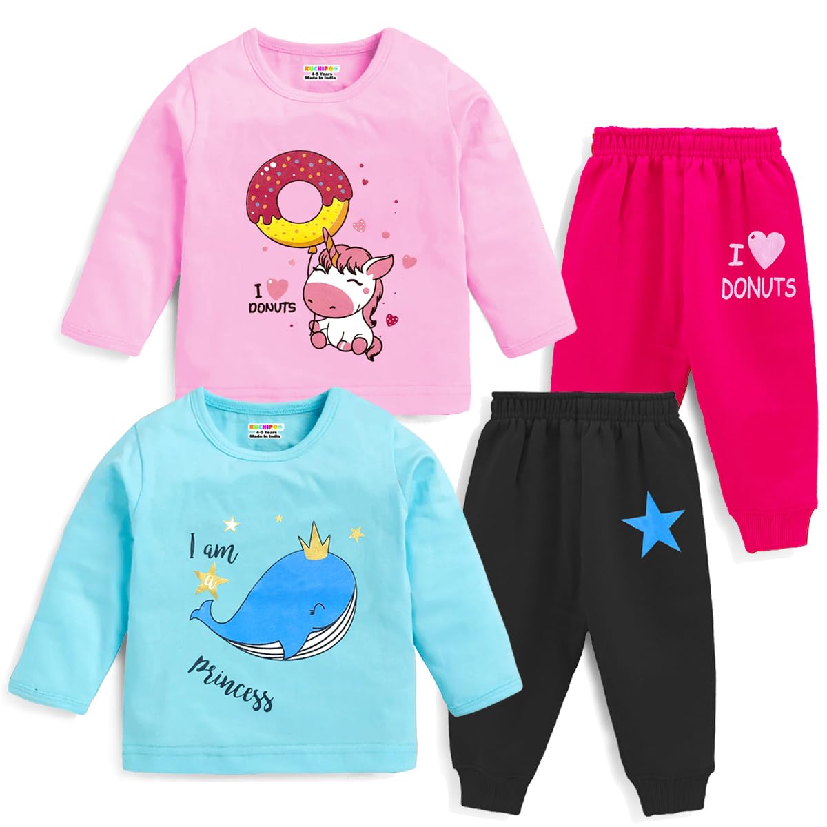 Kuchipoo Baby Girl Regular Fit Cotton Printed TShirts And Pyjamas Set (KucPsut101, 1218 Months, MultiColored)