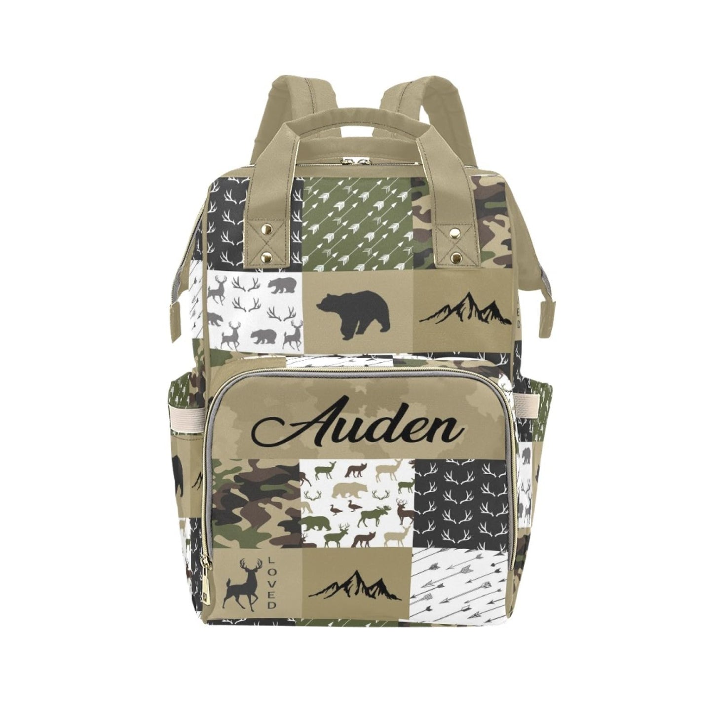 Noverbibi Woodland Deer Bear Baby Diaper Bag with Name - Personalized Nursing Travel Tote Backpack for Mom or Dad, Custom Name B