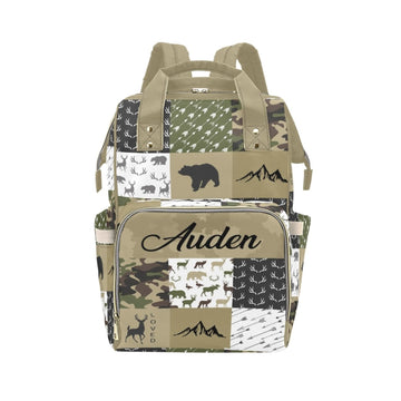 Noverbibi Woodland Deer Bear Baby Diaper Bag with Name - Personalized Nursing Travel Tote Backpack for Mom or Dad, Custom Name B