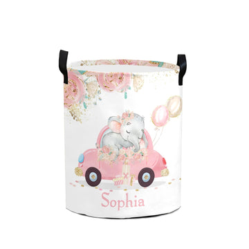 Personalized Cute Watercolor Balloon Elephant Waterproof Laundry Basket Handles Collapsible Hamper Storage Basket for Office Bat