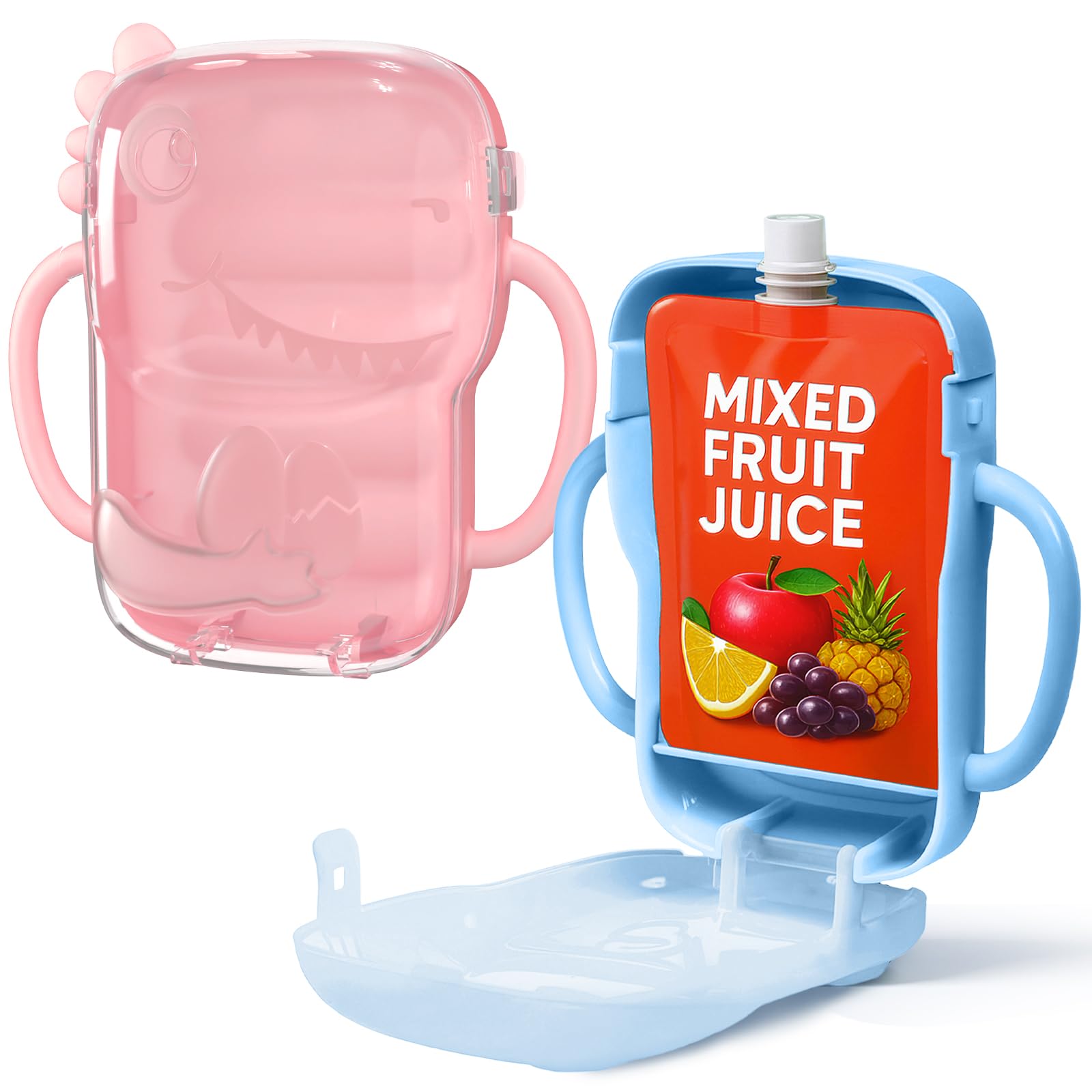 Flybok 2 Pack Pouch Holder No Squeeze For Baby Food Drink Boxes, Cute Dinosaur Design, Adjustable Juice Box Holder For Toddlers