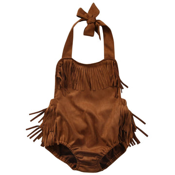 Infant Baby Girl Fringe Faux Suede Romper - Western Style Halter Sunsuit, Adjustable Straps (Brown, 3-6 Months)