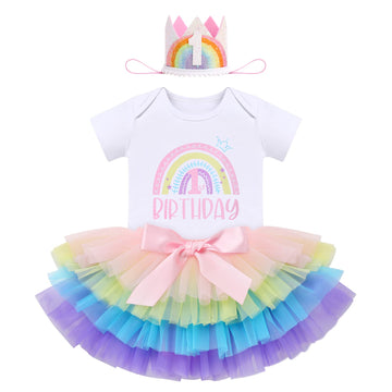 Baby Girl Boho Rainbow 1St First Birthday Cake Smash Outfit One Year Old Party Photo Props Cotton Short Sleeve Romper Tutu Tulle