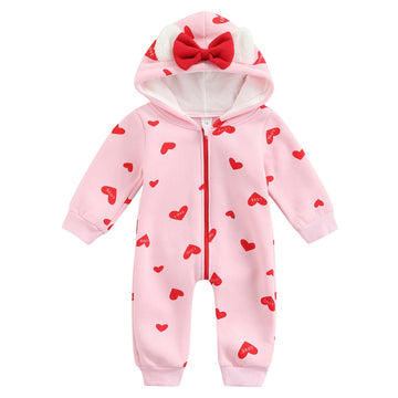 Newborn Baby Girl Hooded Jumpsuit Heart Cow Zip Up Long Sleeve Infant One Piece Romper Snowsuit Valentines Day Outfit (Love Pink