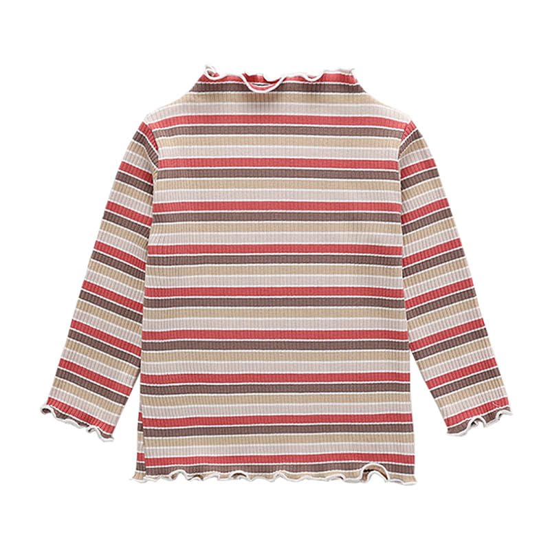 RUKOSU Toddler Baby Girls Long Sleeve Striped T Shirt Casual Lettuce Trim Ribbed Knit Pullover Blouse Top, Dark Red, 3T