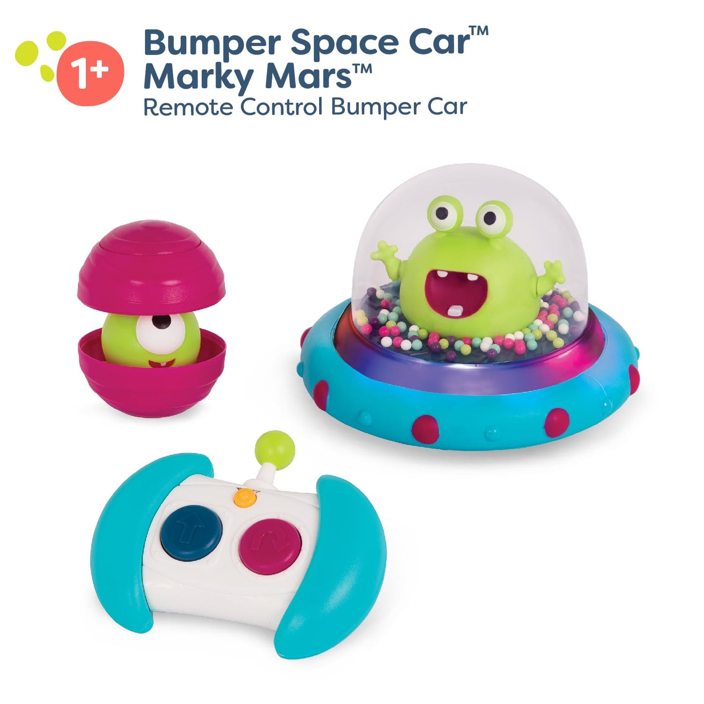 B. toys - Vehicle Bumper Space Car - Light - Up - Simple Remote Control Car for Toddlers with Alien Driver - Marky Mars - 12+ Mo