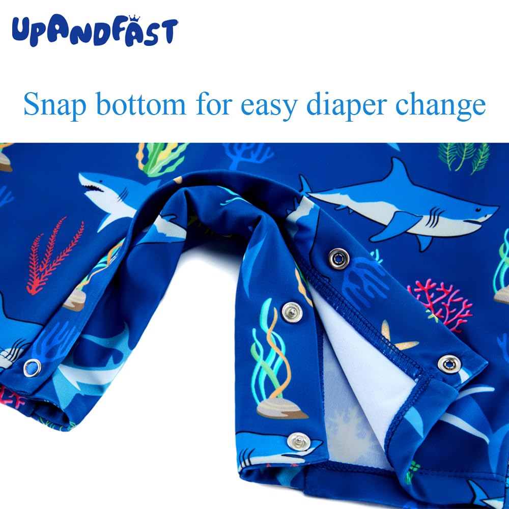 Upandfast Baby Boys Swimsuit Long Sleeve One Piece Swimwear Zip Rash Guard Sun Protection (Blue Shark, 3-6 Months)