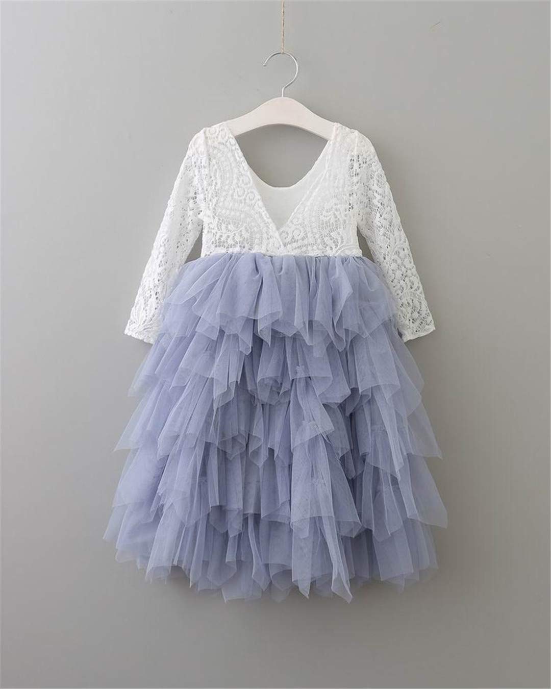 2Bunnies Girl Peony Lace Back A-Line Tiered Tutu Tulle Flower Girl Dress (Gray Long Sleeve Maxi, 9-10Yrs)