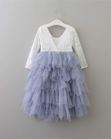 2Bunnies Girl Peony Lace Back A-Line Tiered Tutu Tulle Flower Girl Dress (Gray Long Sleeve Maxi, 9-10Yrs)