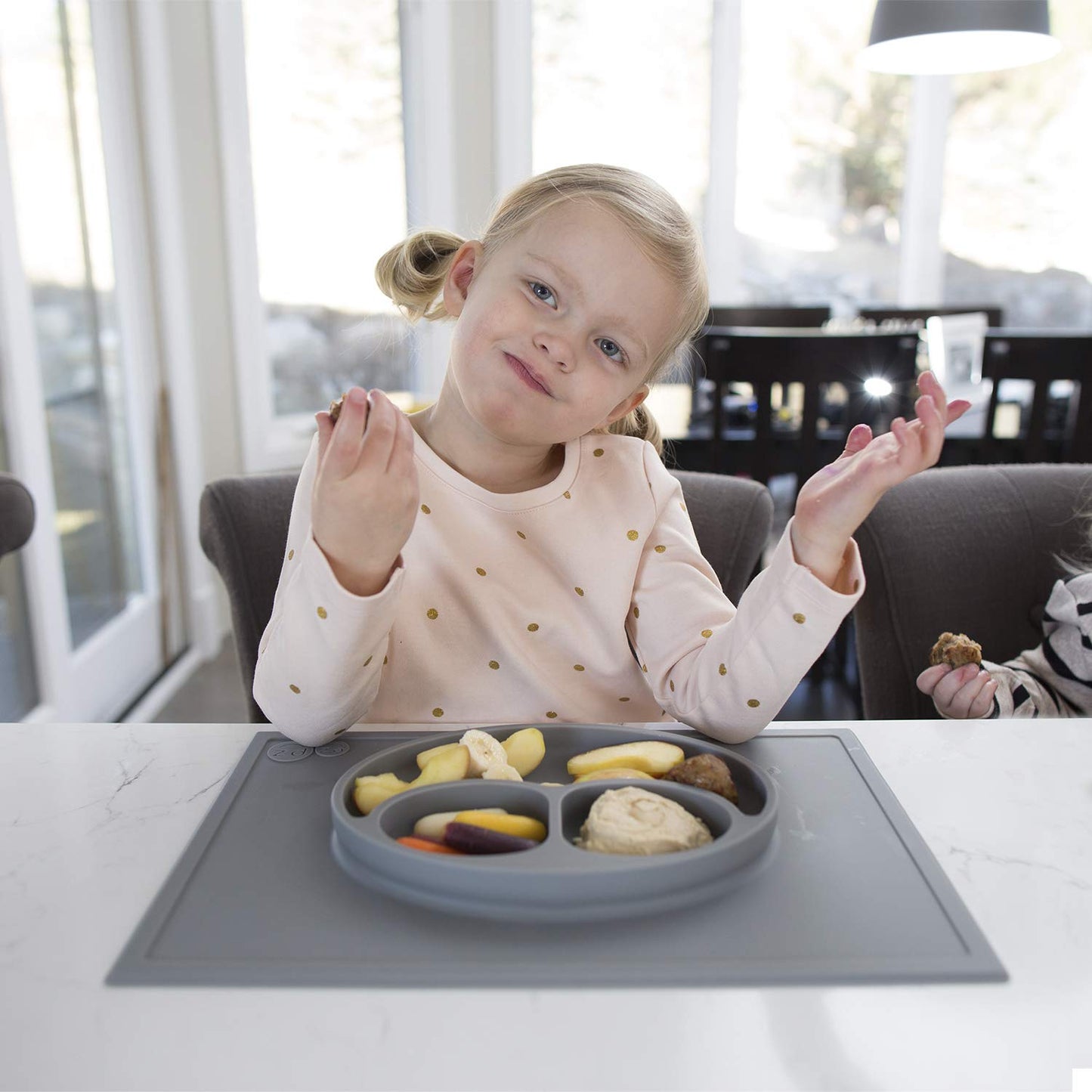 ezpz Happy Mat - 24 Months+ (Gray) - 100% Silicone Suction Plate with Built-in Placemat for Toddlers + Preschoolers - Divided To
