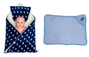 CTMKIDS Baby Wrap with Cushion Cap for Kids 74x84 cm  Navy Blue & Hooded Baby Blanket for Kids 66x92 cm  Blue