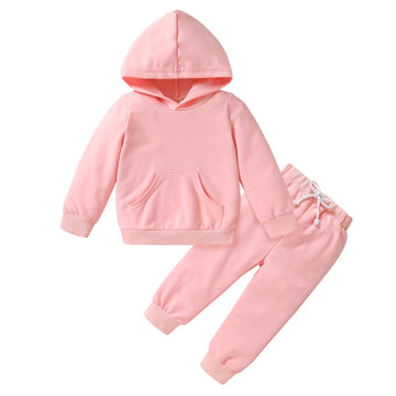 Happy Town Toddler Fall Outfits For Girl Boy Long Sleeve Hoodie Top And Long Sweatpants Set Toddler Sweatsuit (Solid Color-Pink,