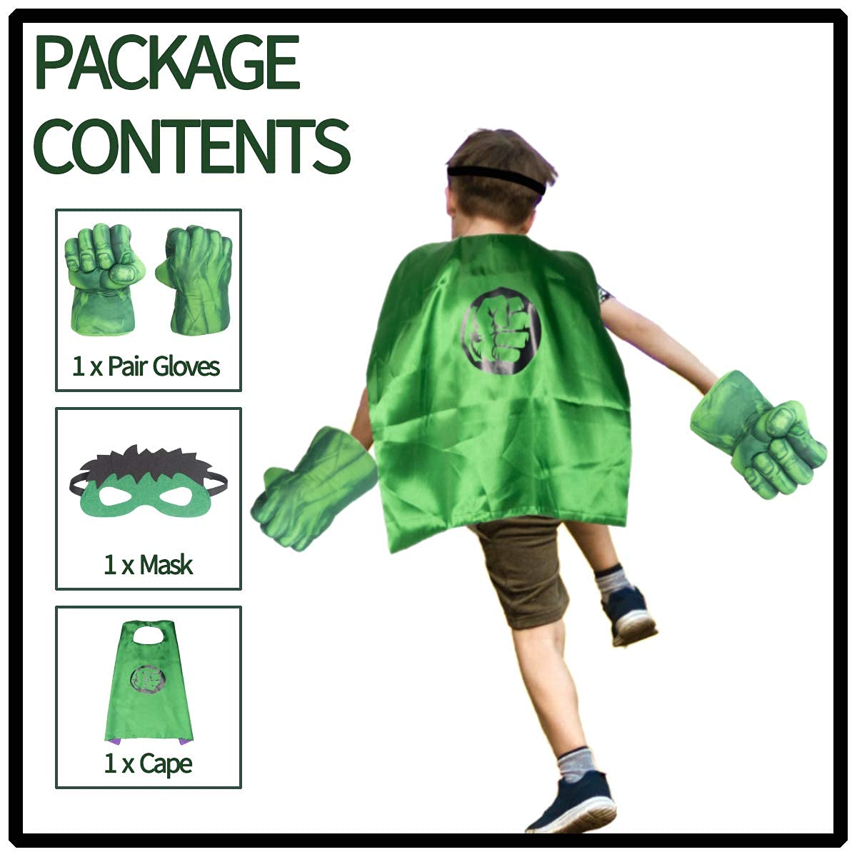 Aotleanno Plush Hands Fists Costume With Green Cape And Eye-Mask - Complete Set Of Punching Gloves Accessories For Kids - Comfor