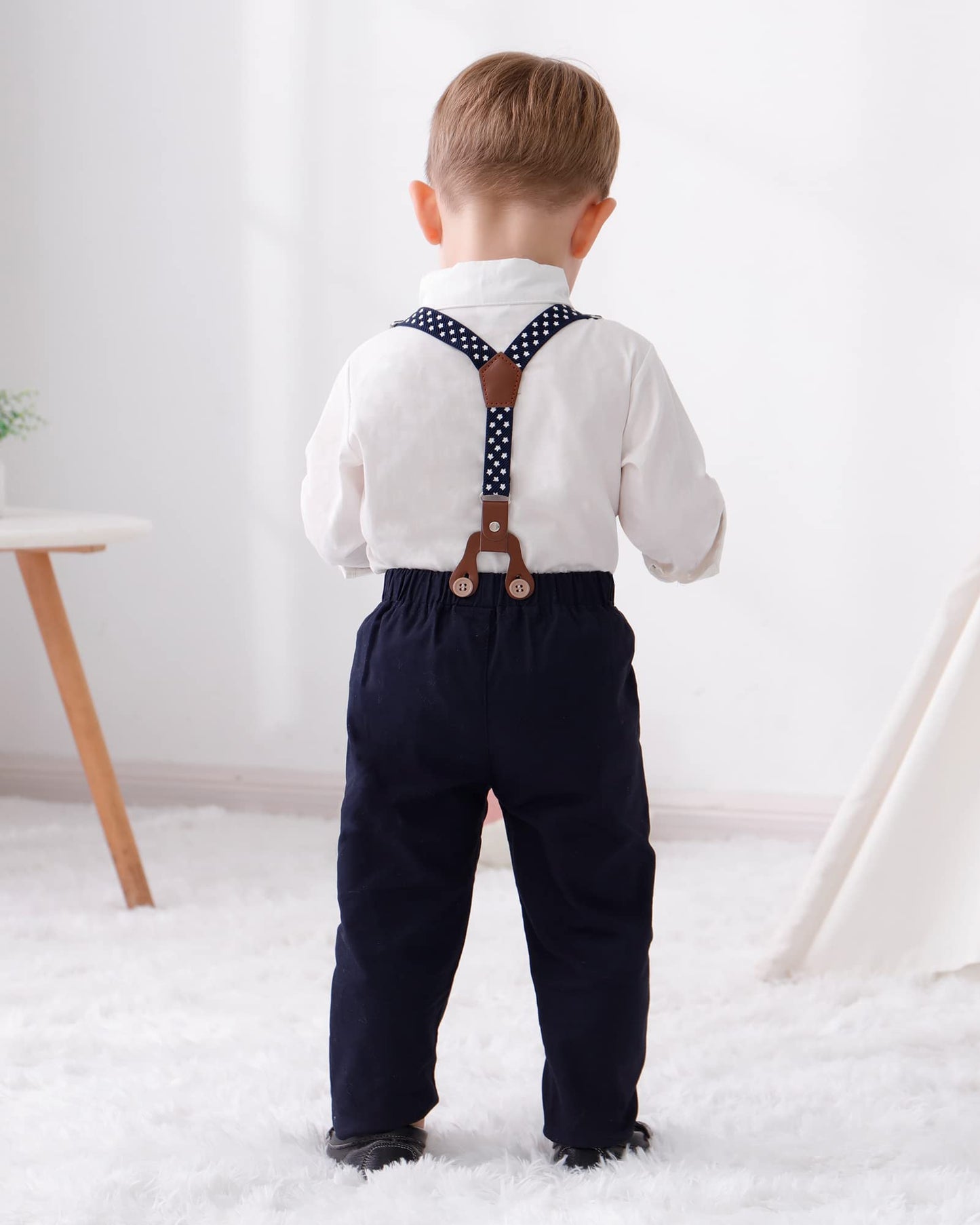 Disaur Boys Wedding Guest Outfit Long Sleeve White Leaf Dress Shirt Bow Tie Suspender Black Pants Back To School Gentleman Cloth
