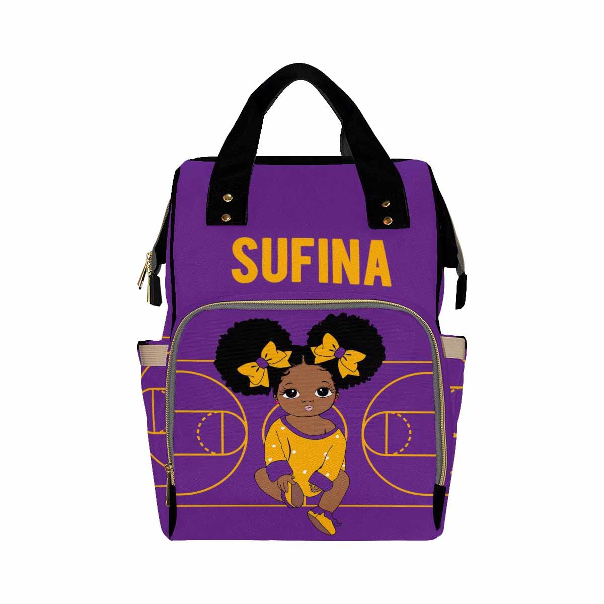 Artsadd Personalized Diaper Bag Casual Shoulder Bag, Customized Yellow And Purple Nappy Backpack With Thermal Pockets Multifunct