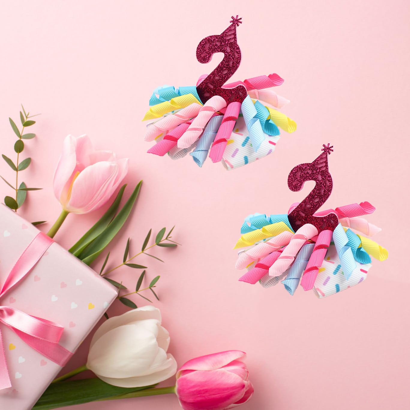 Birthday Hair Clips For Baby Girls - 2Pc Curly Ribbon With Deep Red Number Bow Hair Clips For 2Nd Birthday Baby Bow Party Decora