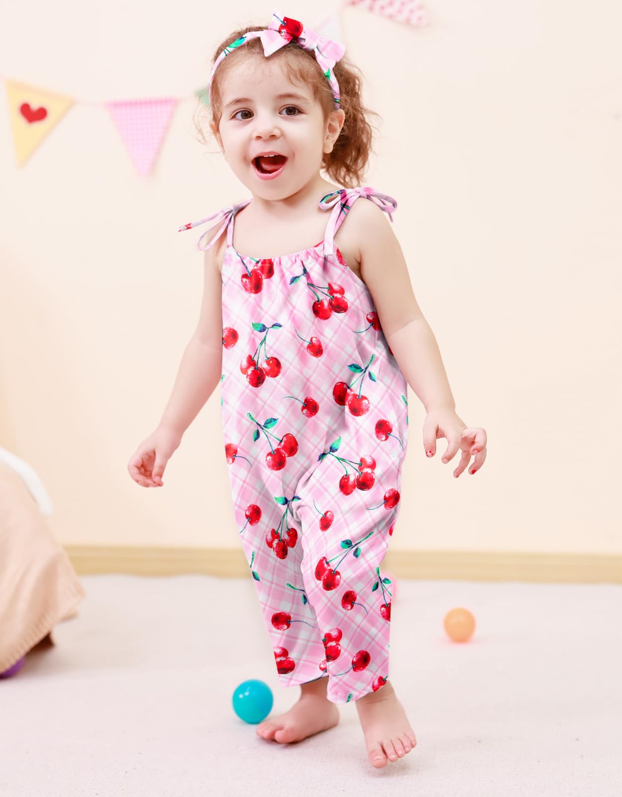 Lindanina 4T Girls Summer Clothes Toddler Red Cherry Romper Jumpsuits Kids Outfits 5T Cute Adjustable Tie-Up Strap One Piece Sle