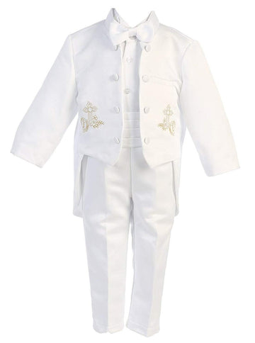 Igirldress Little Boys White Baptism Christening Mandarin Collar Tail 5 Pcs Tuxedo With Gold Cross Embroidery Size 5