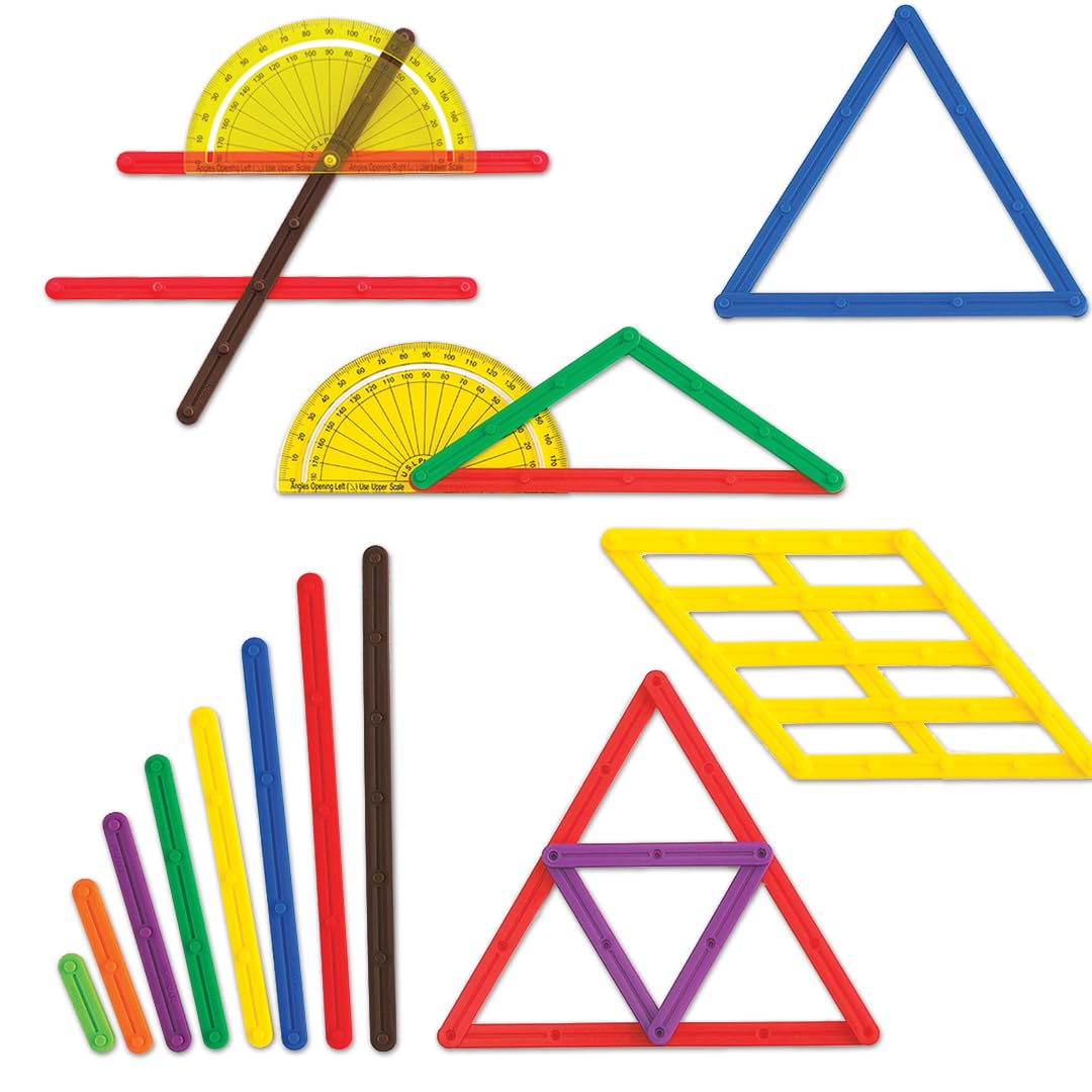 LEARNING ADVANTAGE GeoStix Basic Set - 80 Construction Sticks - 24 Activity Cards - 2 Protractors - Build 2D Shapes and Measure