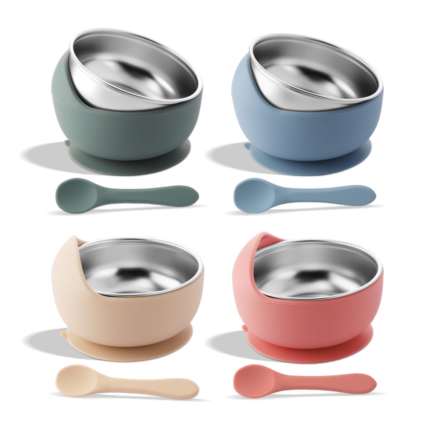 Bakpoco Stainless Steel Suction Bowls with Baby Spoon Set, 2-in-1 SUS304 Toddlers Bowl & Removable Silicone Suction Kids Bowl, N