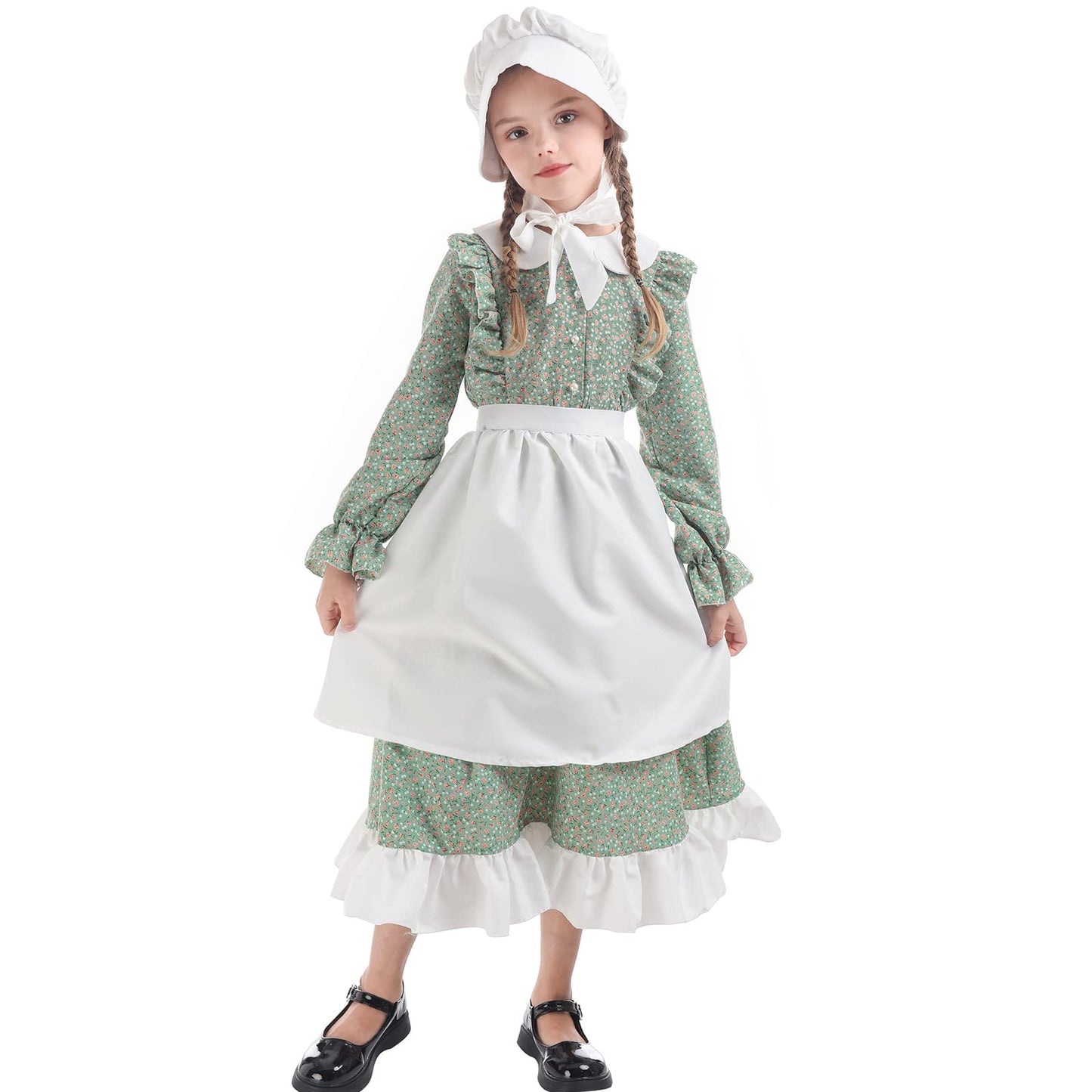 Fccam Prairie Dresses For Girls Pioneer Costume 19Th Century Long Sleeves Colonial Dress Green Xl Age Over 4 Years Old