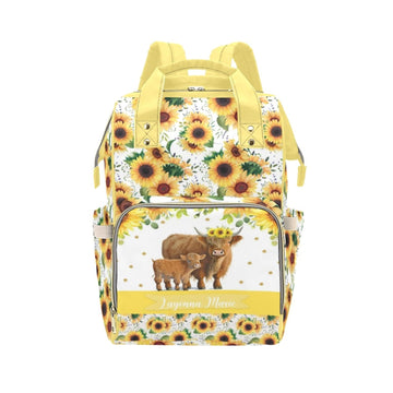 Noverbibi Custom Sunflower Cow Diaper Bag for Women, Personalized Name Multifunction Nylon Nursing Mommy Daypack with Large Capa