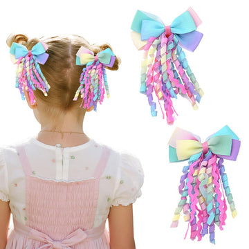 Rainbow Hair Clips for Women Girls Colorful Curly Ribbon Bow Clip for Hair Bows Ribbons Pride Month Accessories for Girls Women 