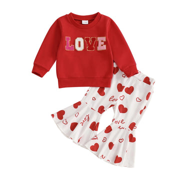 Iddolaka Toddler Baby Girls Valentines Day Outfits Long Sleeve Letter Sweatshirt Shirt Heart Flared Pants Spring Clothes (K-Love