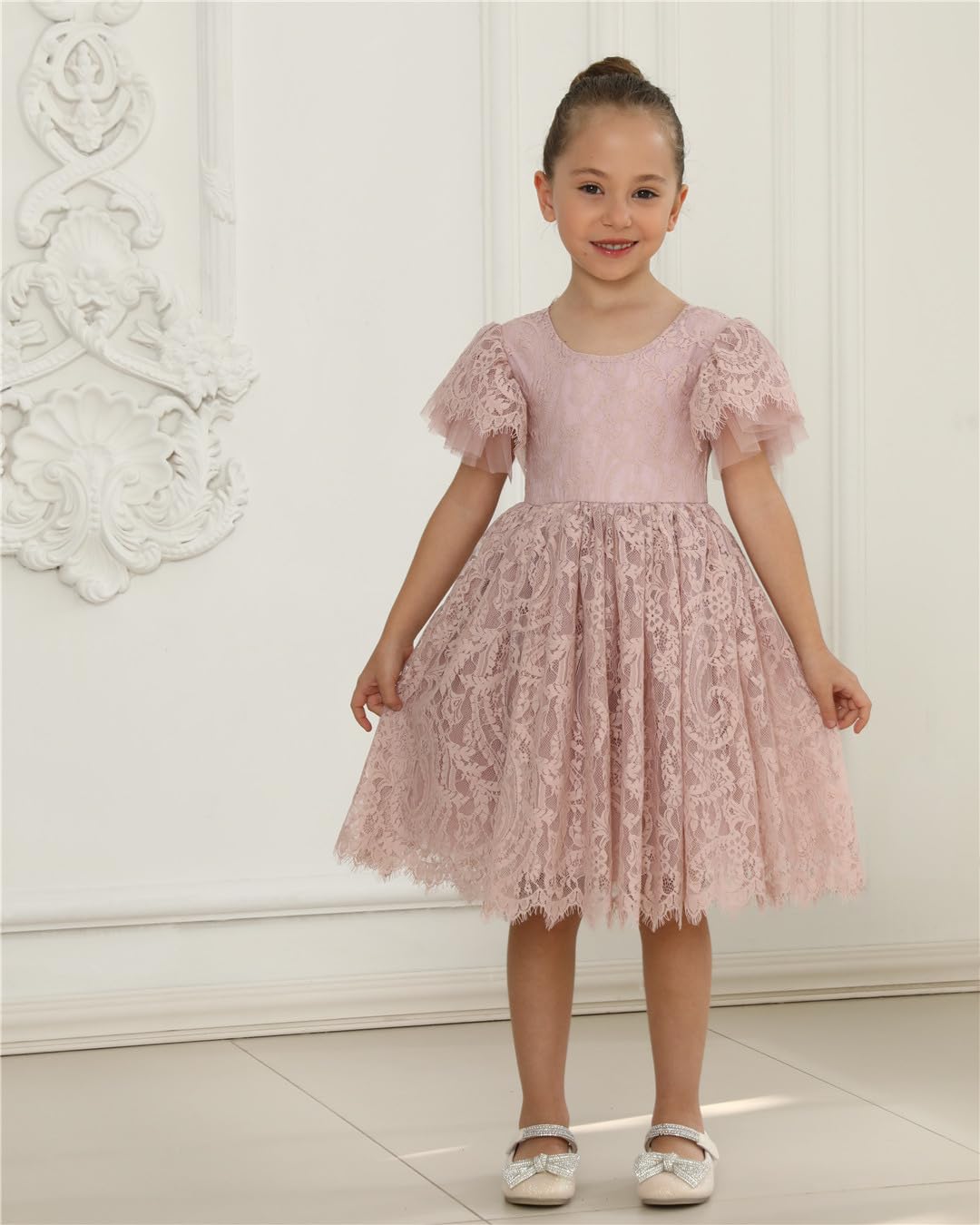 2Bunnies Girl Paisley Lace Back A-Line Tutu Tulle Party Flower Girl Dress (All Lace Flutter Sleeve Knee-Dusty Pink, 7/8)