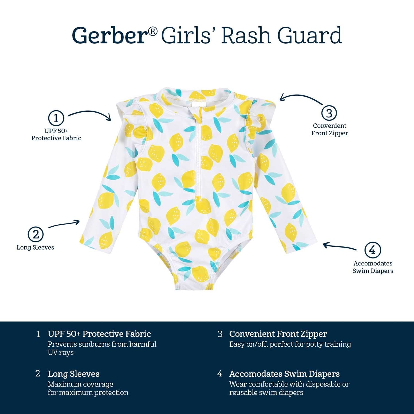 Gerber Girls' Toddler Long Sleeve One Piece Rashguard Swimsuit, White Yellow Lemons, 5T